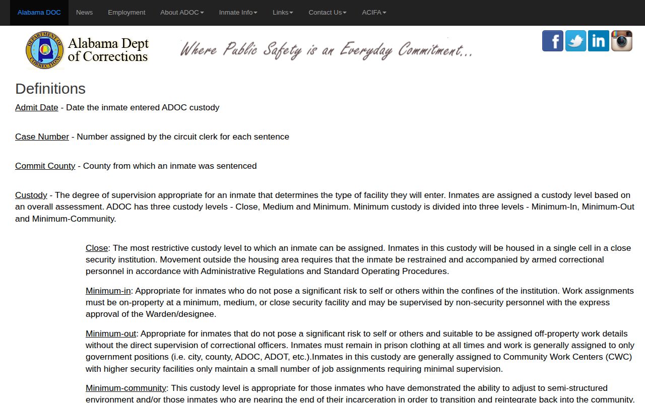 Washington County projected release date ADOC field definitions