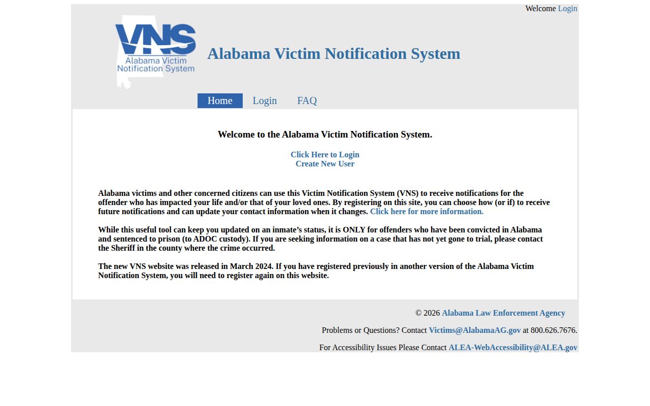 Washington County Alabama VNS release notification account screen